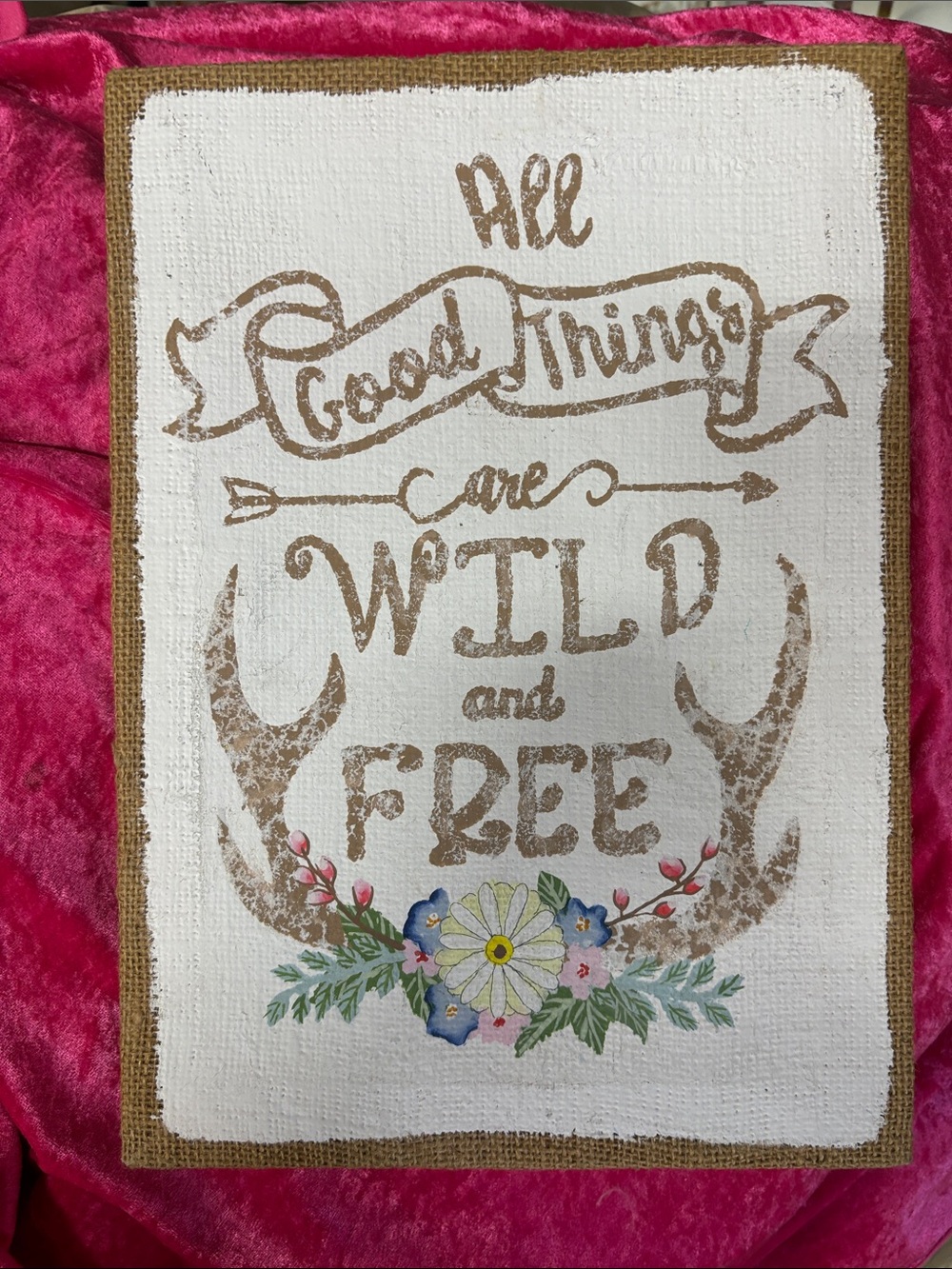 Wild and Free Floral Wall Art Sign - White and Brown